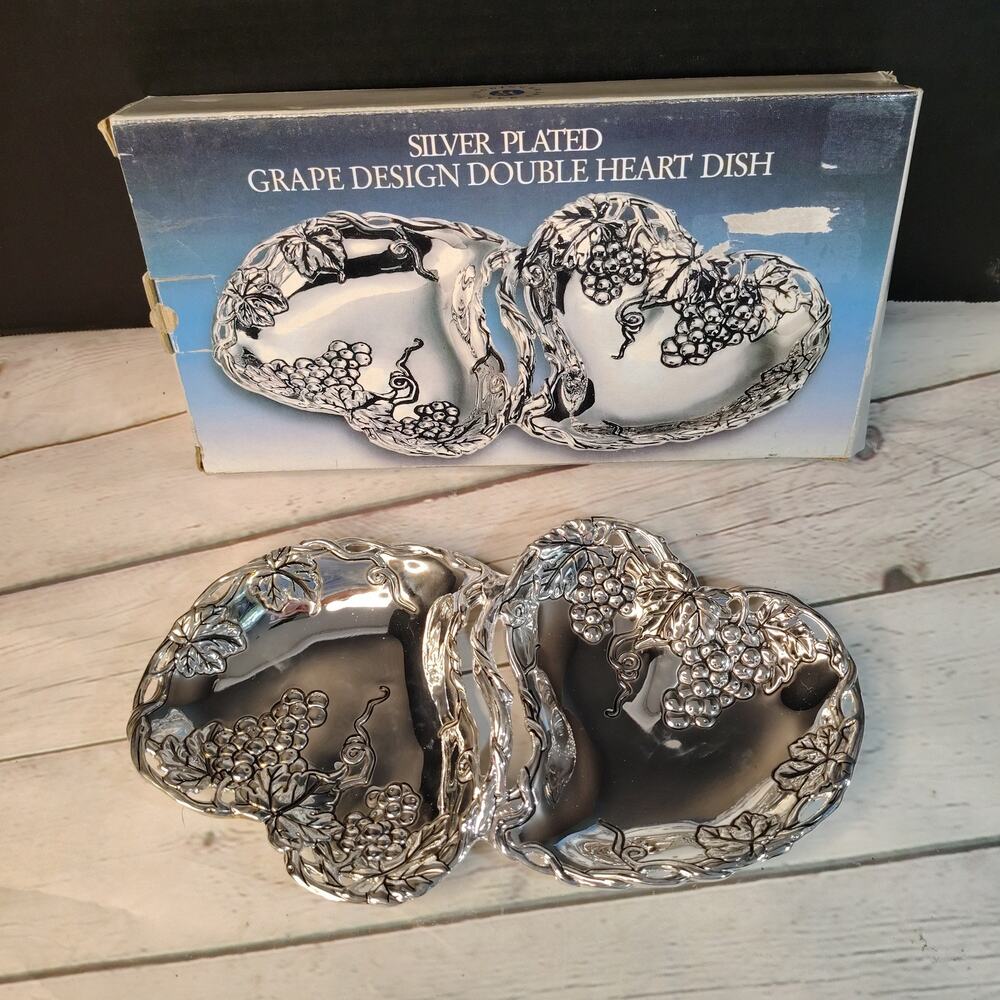 Unused Godinger Silver Plated Grape Design Double Heart Dish Tray in Box